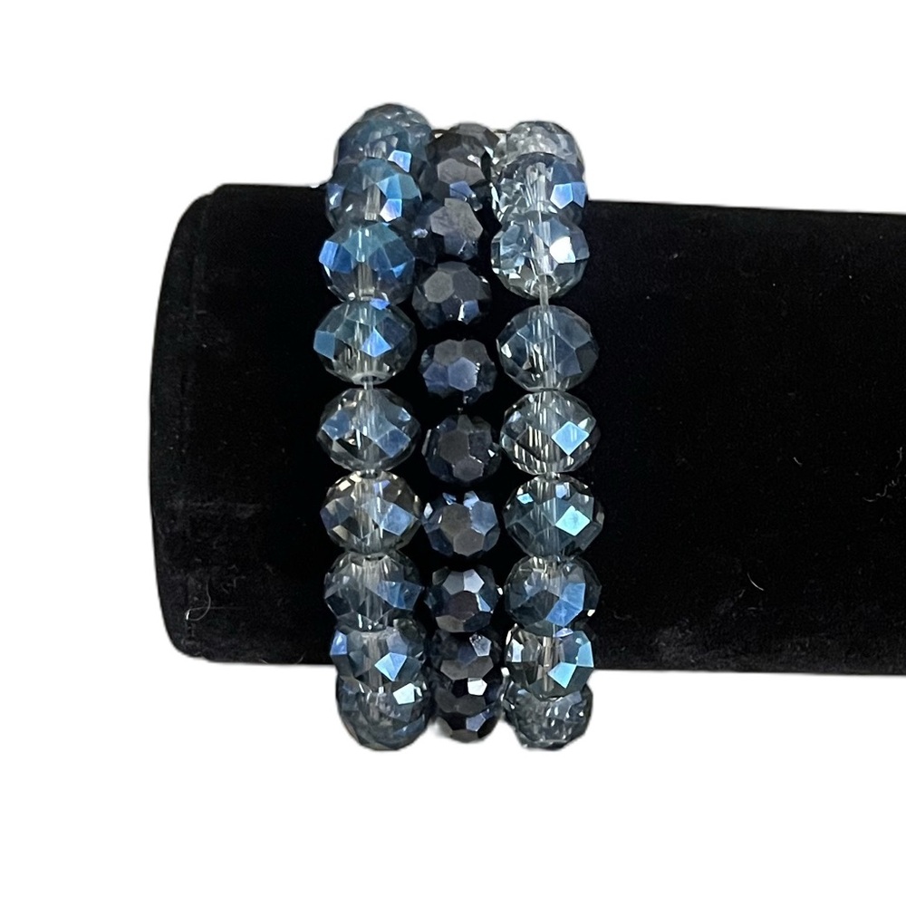 Blue Crystal Beaded Stretch Bracelet – Triple Strand